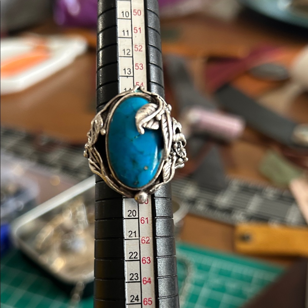 Artisan Turquoise Blue Oval Stone Silver Floral Ring
